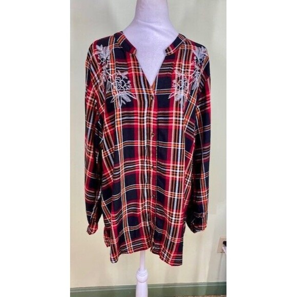 Simply Emma Womens Sz 2X Embroidered Plaid Button-up Roll Tab Sleeve Blouse Boho - Picture 1 of 11